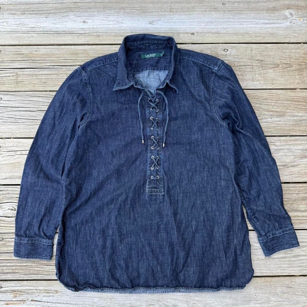 Lauren Ralph Lauren Women’s Lace-Up Denim Shirt – Size XL – Western Boho Pullove